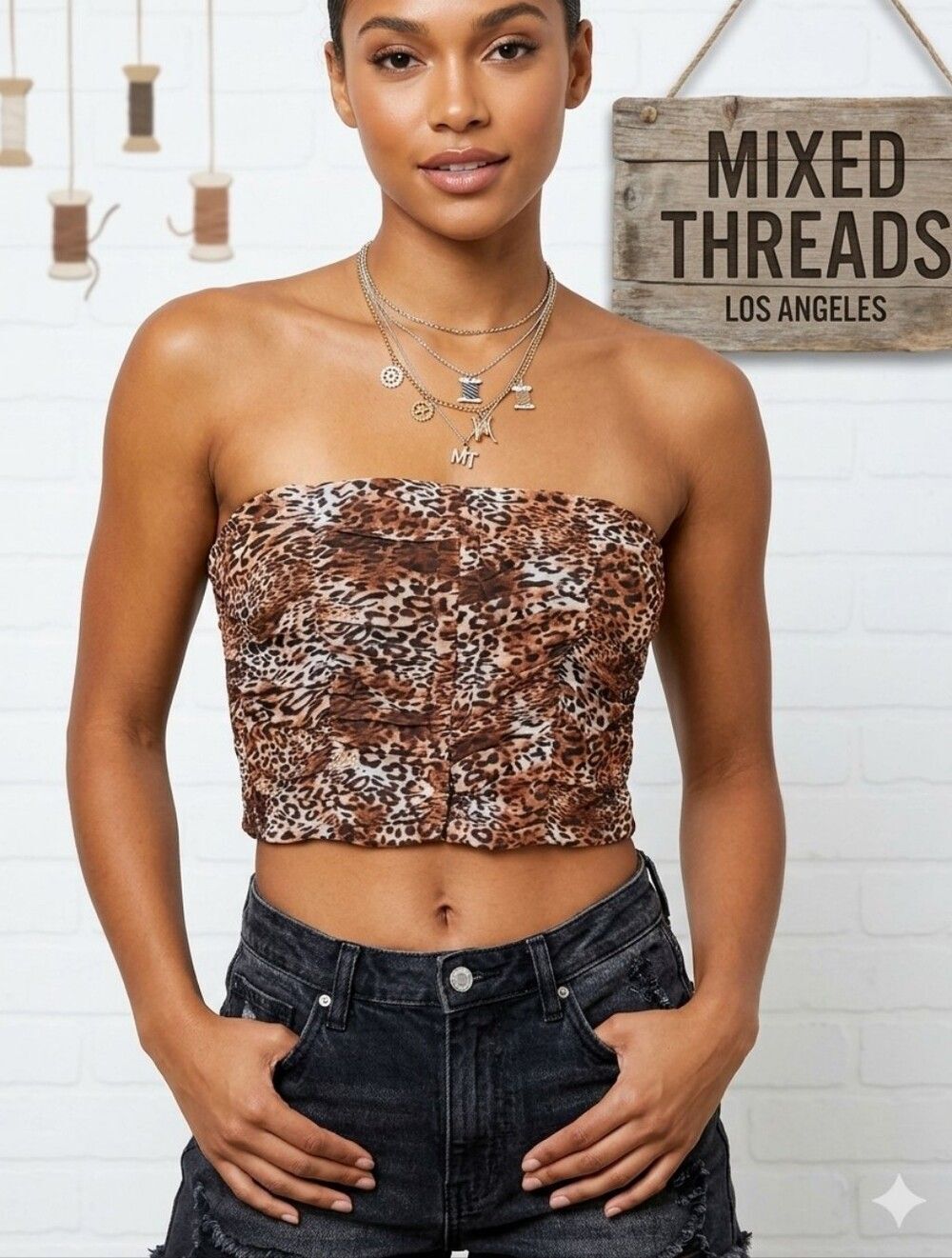 NWT Mixed Threads Los Angeles Leopard Print Ruched Tube Crop Top Size M